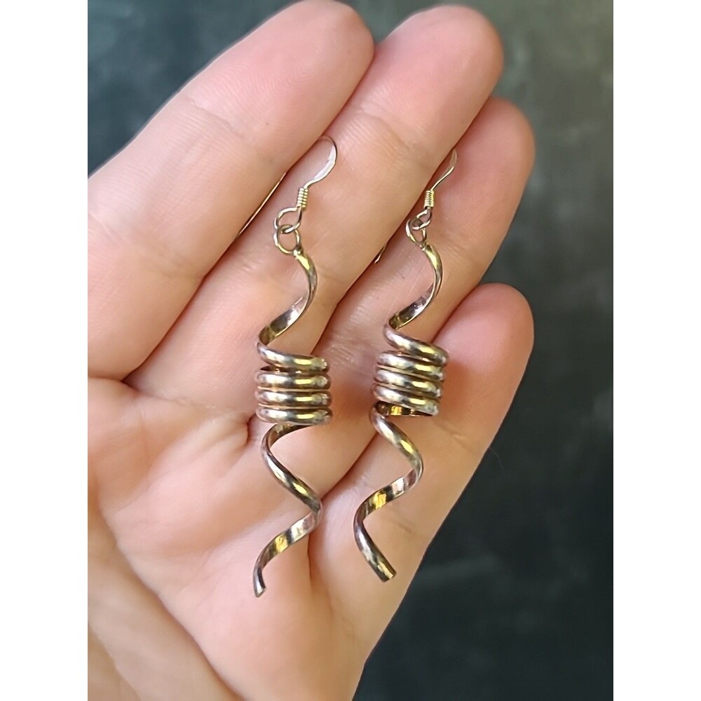 925 Sterling Silver Dangling Ribbon Shaped Pierced Earrings Vintage